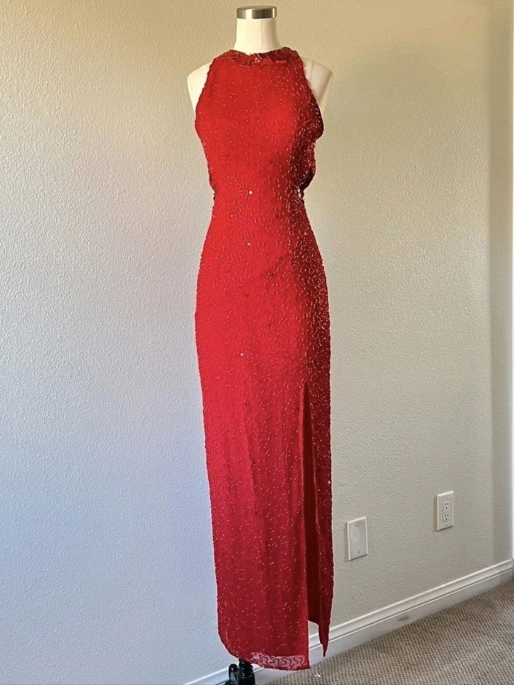 Red Caché Silk Beaded Backless Formal Gown Vintage